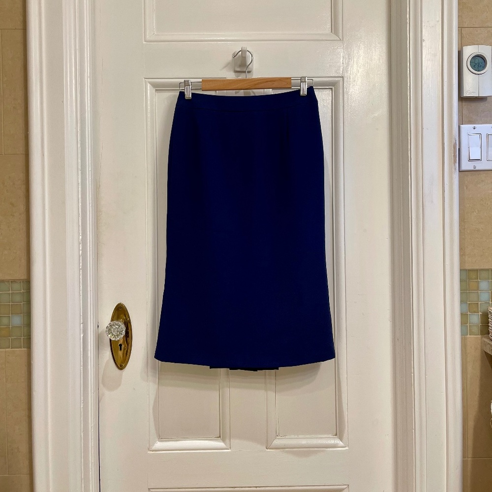Navy blue midi pencil skirt with kick pleats